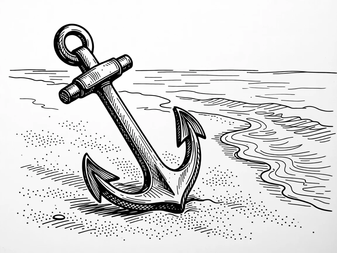 A single anchor resting on a sandy shore beside gentle waves.