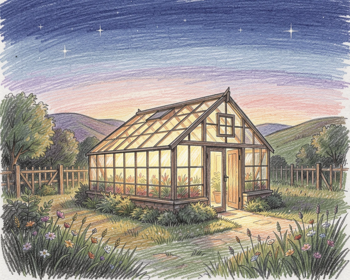 A countryside greenhouse glowing warmly against a twilight sky, with rich, inviting textures throughout the scene, capturing a quiet story that lingers with the viewer.