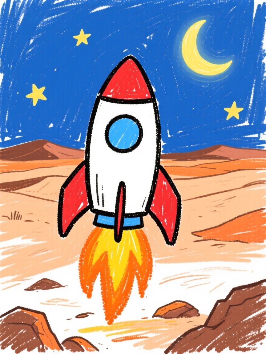 A rocket ship glowing above a quiet desert horizon.