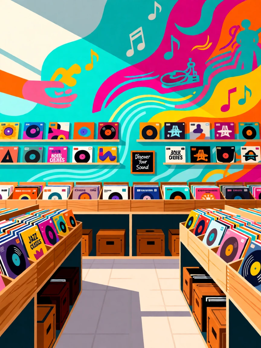 A collection of vinyl records displayed in a hip record store, set against a colorful mural-covered wall, arranged with a fresh, contemporary sense of composition, with a sense of community and connection in every detail.
