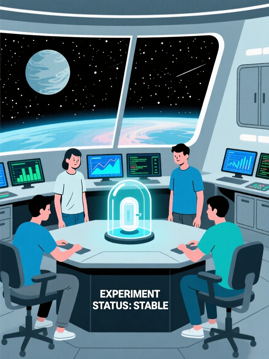 A group of programmers monitoring an experiment in a space observation deck.