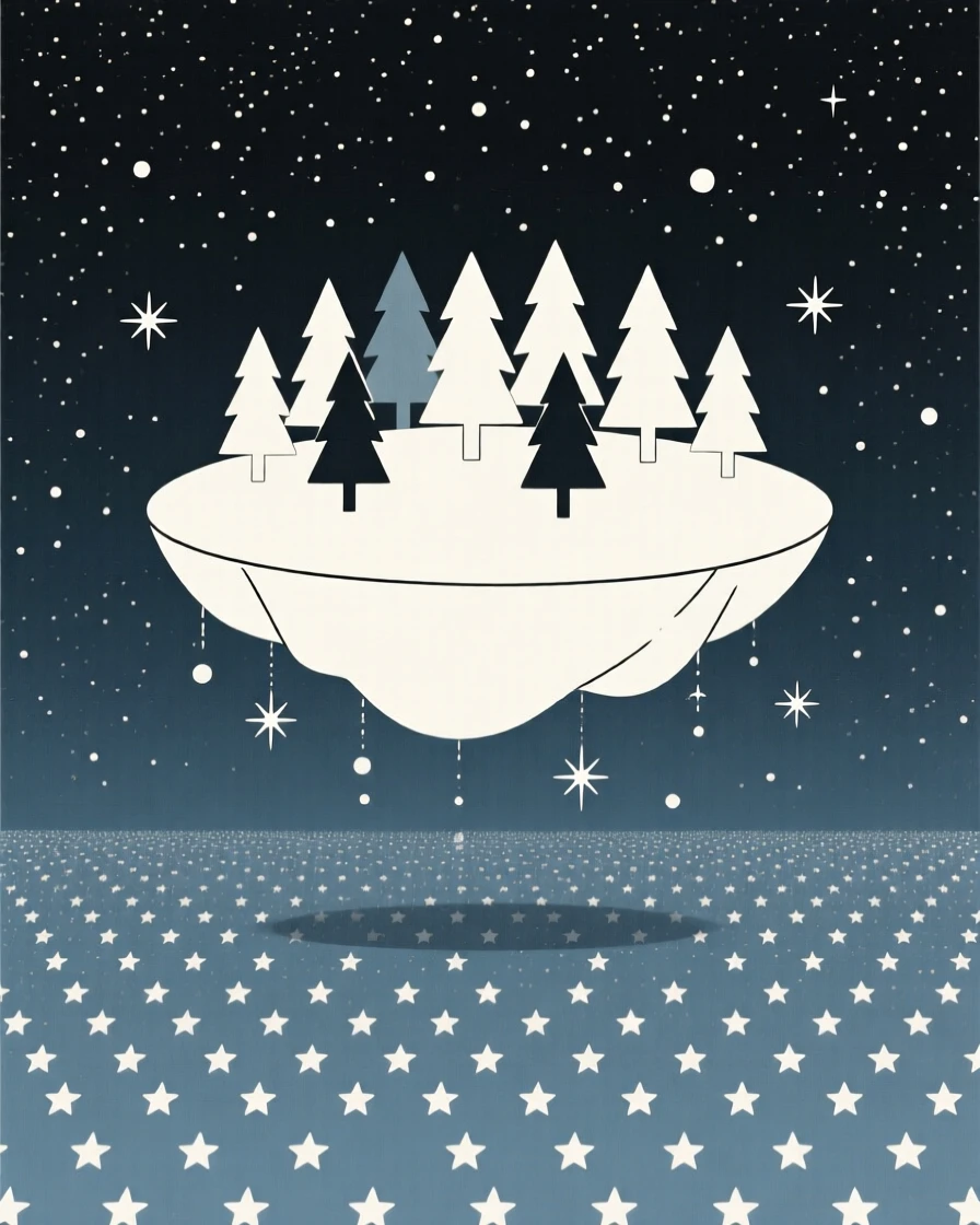 A floating island covered in trees floating above an endless field of stars, surrounded by softly falling stardust, radiating boundless wonder.
