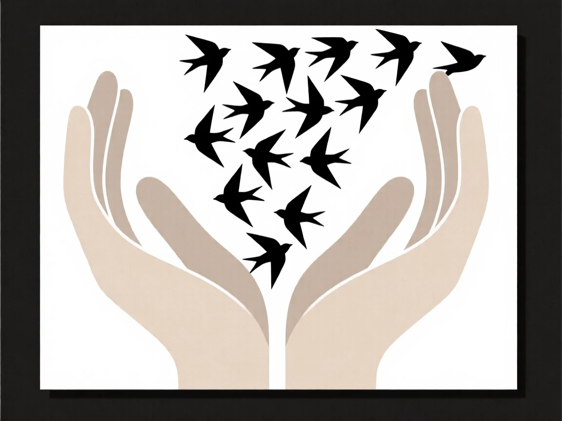 A pair of hands opening to release a flock of birds