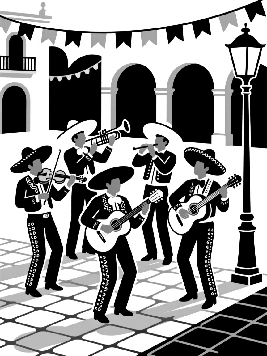 A mariachi band performing in a lively plaza.