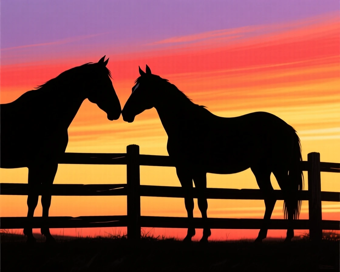 A pair of horses nuzzling each other over a wooden pasture fence.