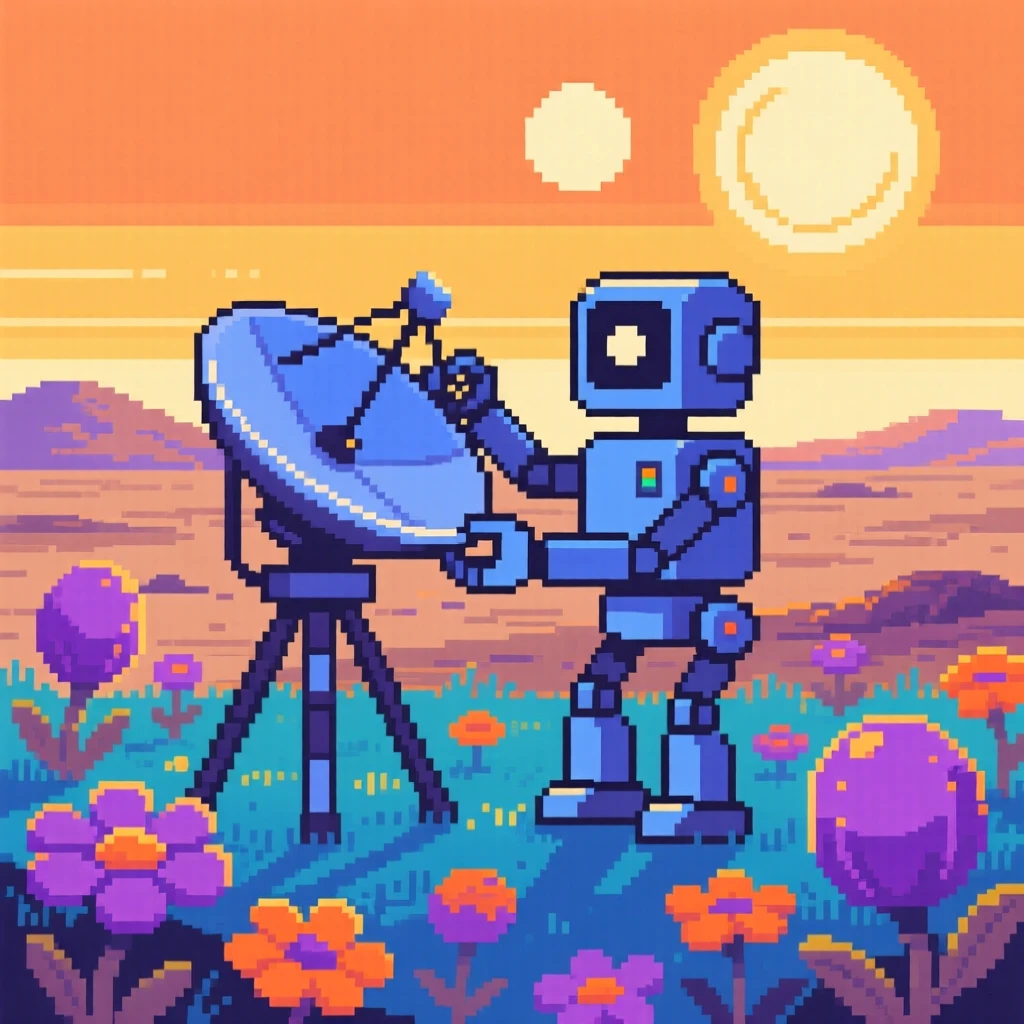 A robot fixing a satellite dish discovering a field of alien flowers, on an alien world with two suns.