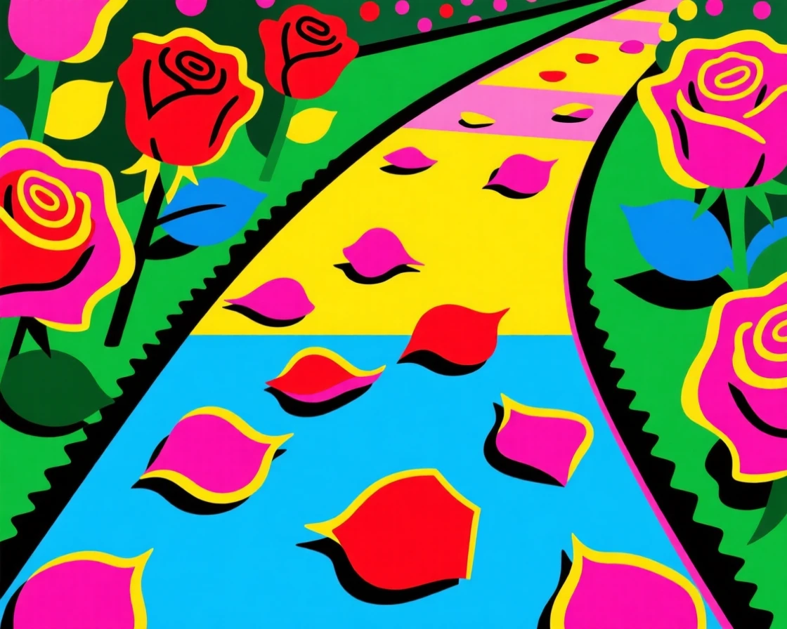 Rose petals scattered across a garden path