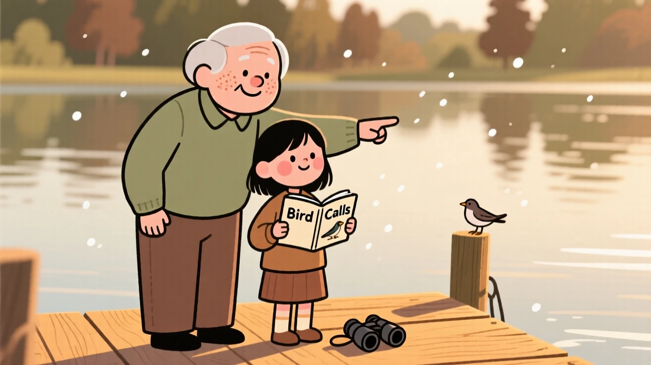 A grandparent shows a curious granddaughter how to identify birds by their calls in the lakeside dock, both taking their time as dust motes drift in the sunlight.