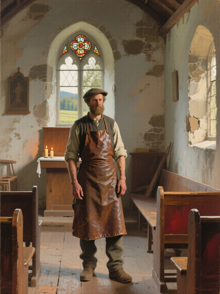 A centered composition of a traveling craftsman in a quiet countryside chapel, glowing with pride, at midday.