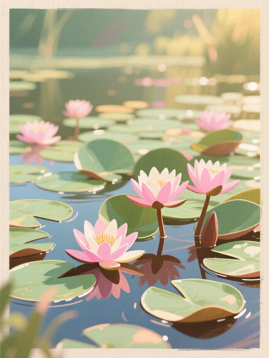 A pond covered in blooming pink water lilies