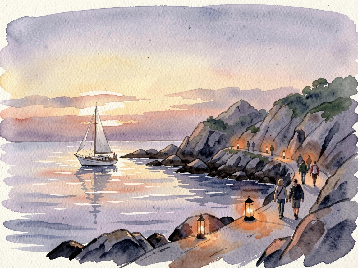 A sailboat drifting past a rocky archipelago as lanterns are lit at dusk with travelers strolling along the path.