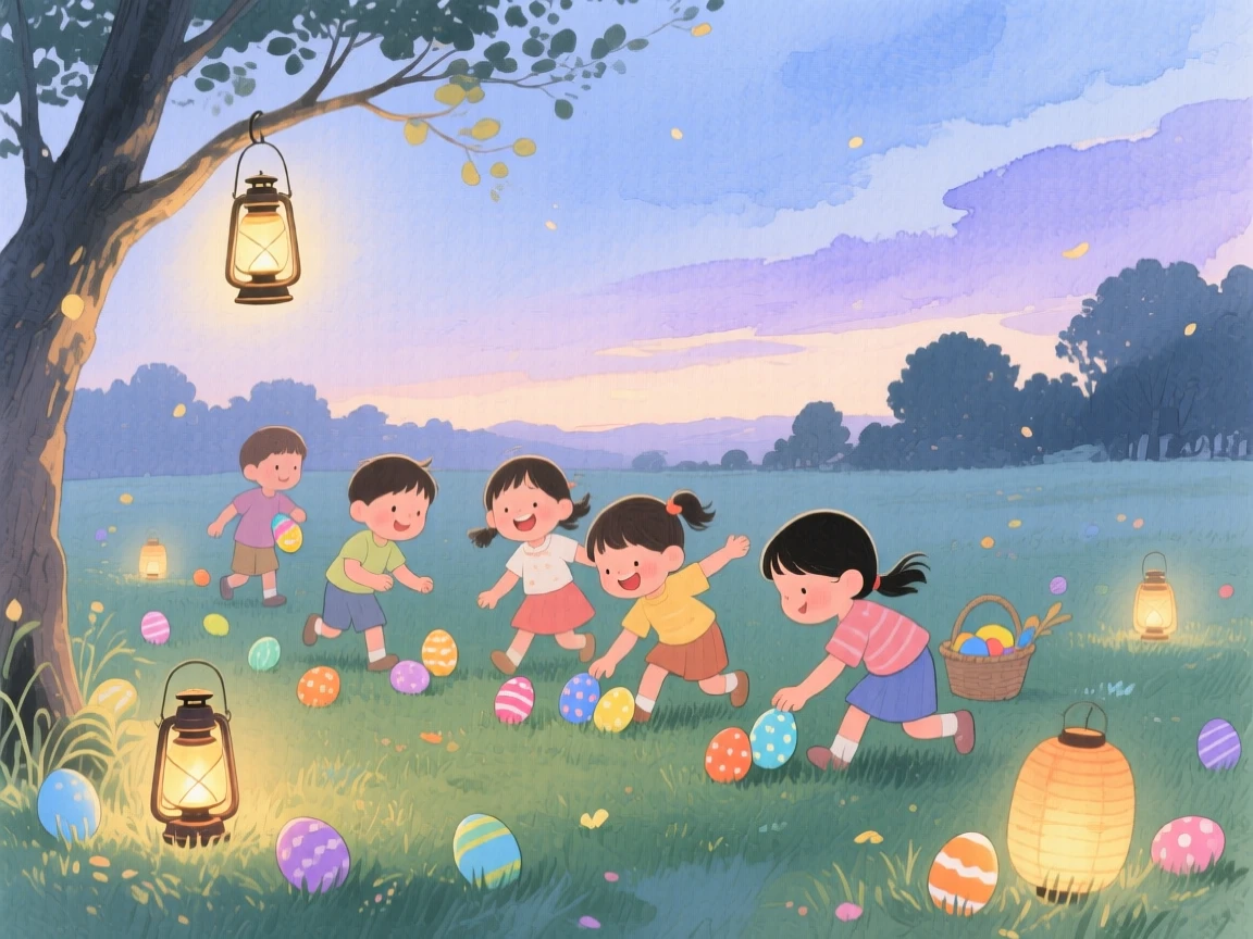 A joyful scene of an Easter egg hunt, with lanterns glowing softly at dusk, capturing the warmth of the celebration