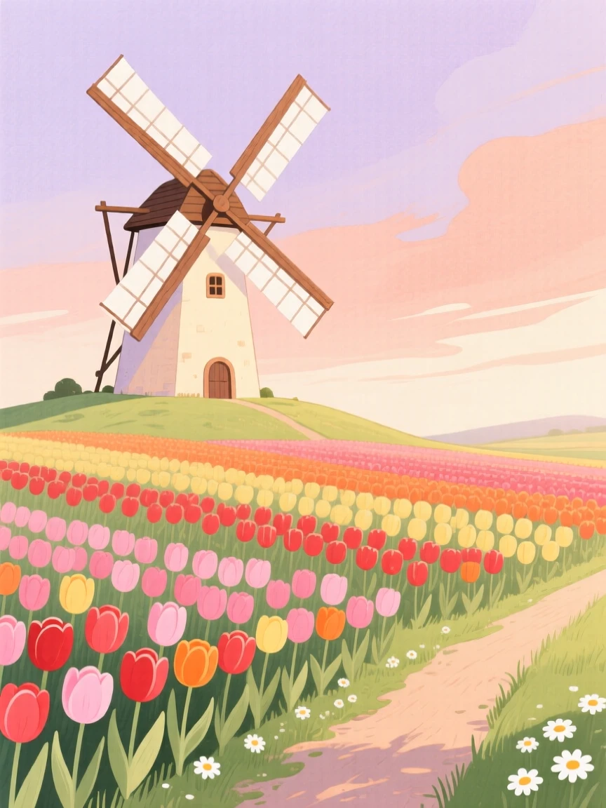 A windmill overlooking a tulip field, warm and inviting on a quiet afternoon.