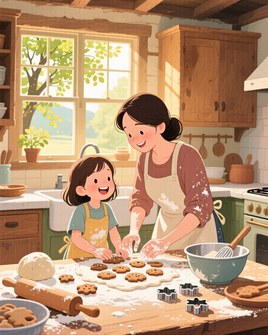 A mother and daughter baking cookies together, flour dusted on their aprons, in a warm farmhouse kitchen filled with afternoon light, with a gentle breeze rustling nearby trees, a tender bond of love passed between generations.