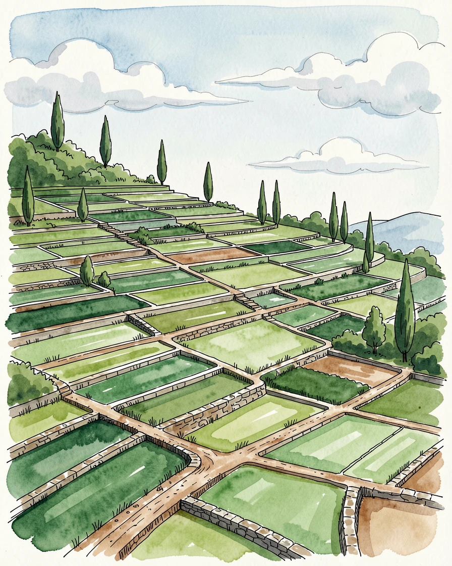 A patchwork of terraced farmland climbing a steep green hillside, clouds drifting slowly across an otherwise clear sky.
