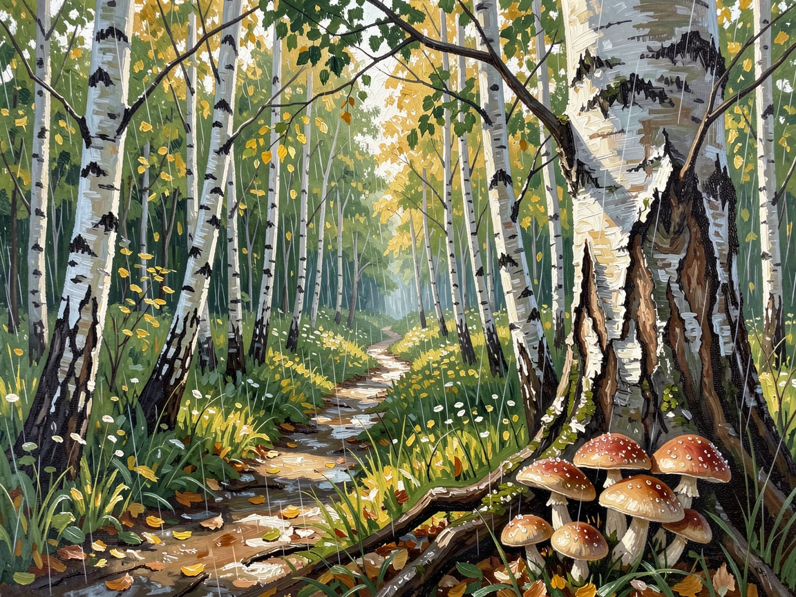 A sun-dappled birch grove, a narrow trail disappearing into the undergrowth, where wild mushrooms cluster at the base of an ancient trunk, on a rainy afternoon, droplets glistening on every leaf.
