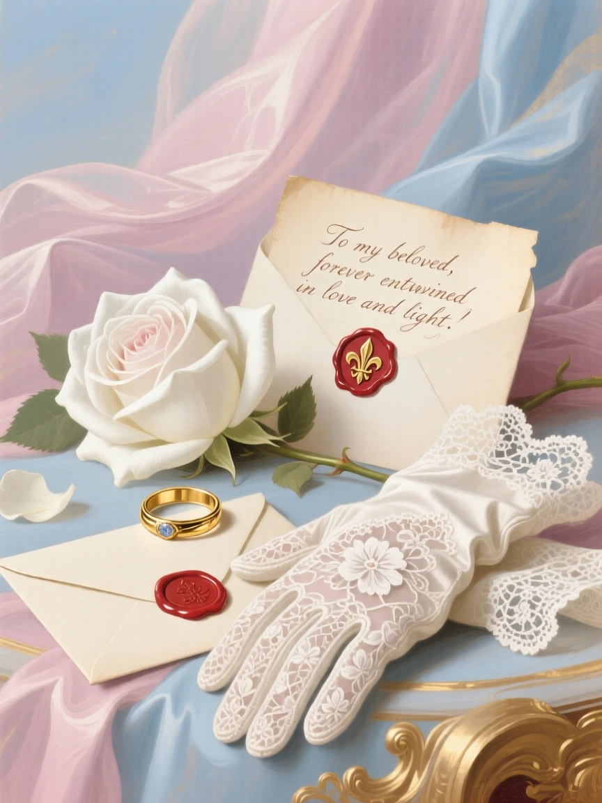 A wedding ring resting beside a white rose, lace gloves, and sealed vows  
