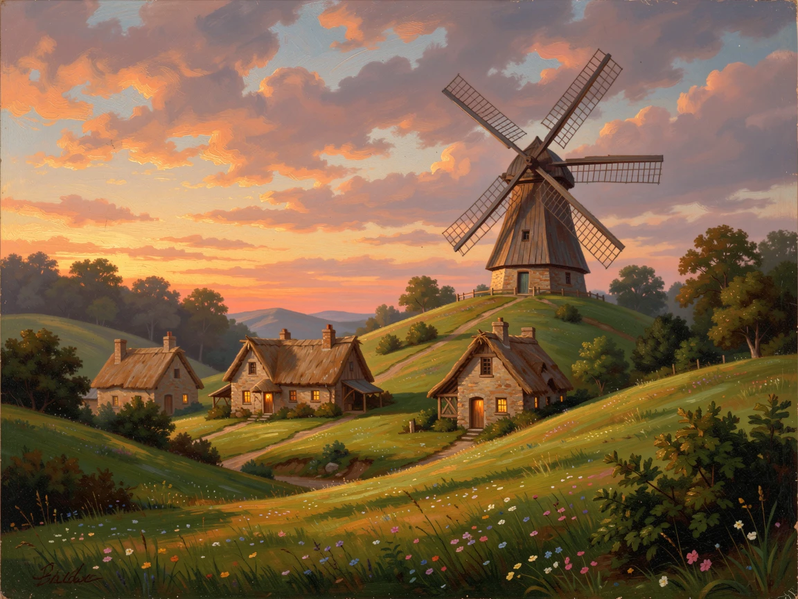 A windmill turns slowly above a small village nestled in green hills.