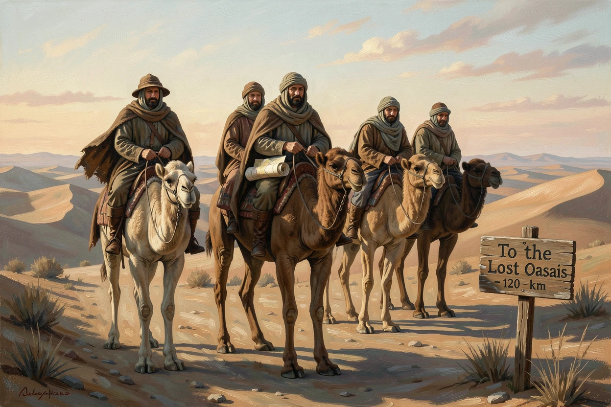 A group of adventurers setting off across a vast desert on camelback at dawn, as dramatic natural light enhances the excitement of the journey, evoking wanderlust and the irresistible call of adventure