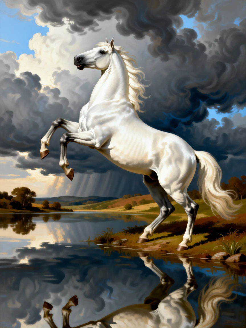 A magnificent white horse rearing dramatically against a stormy sky captured in a moment of wild grace and quiet power, set beside a still lake reflecting a painterly sky, with reflections in still water doubling the beauty of the moment; a low, respectful vantage point lends the creature quiet majesty, suggesting the timeless harmony between nature and spirit.