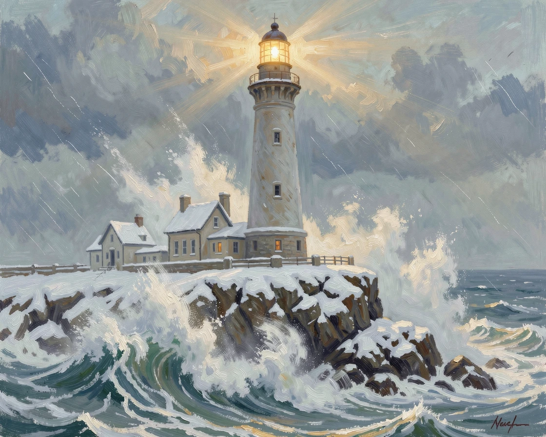 Massive waves crashing against a lighthouse during a fierce coastal storm, spray illuminated by the beacon light, under a fresh blanket of snow, evoking timeless charm and quiet elegance.