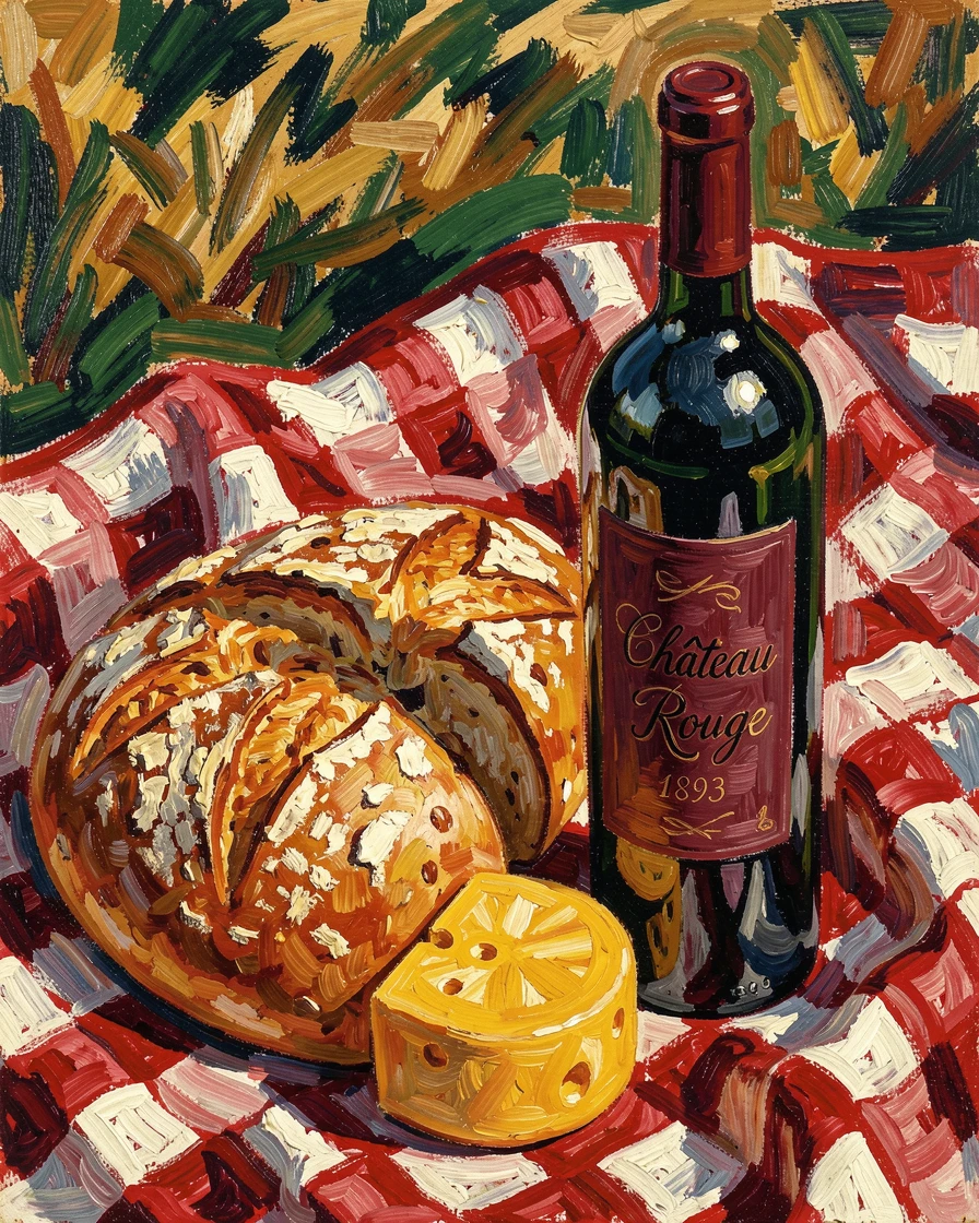 A still life of a loaf of bread, a wheel of cheese, and a bottle of wine on a picnic blanket.