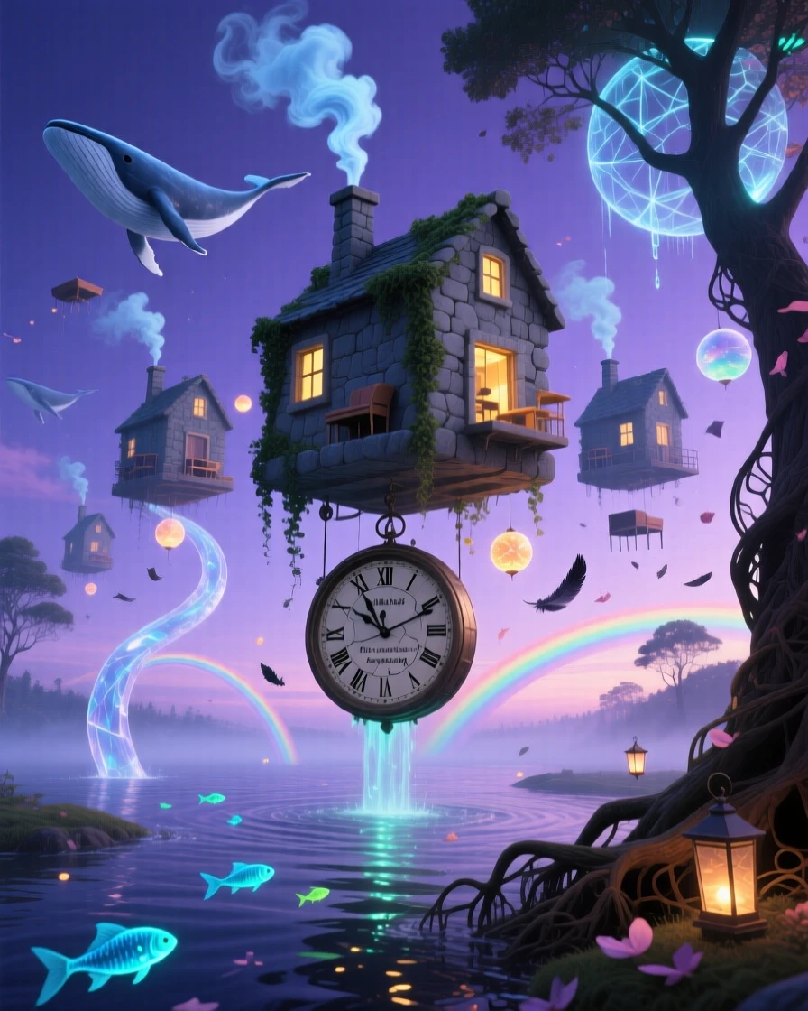A school of stone houses swimming through open sky drifts slowly across a lavender horizon, while streams of water arc upward instead of down.