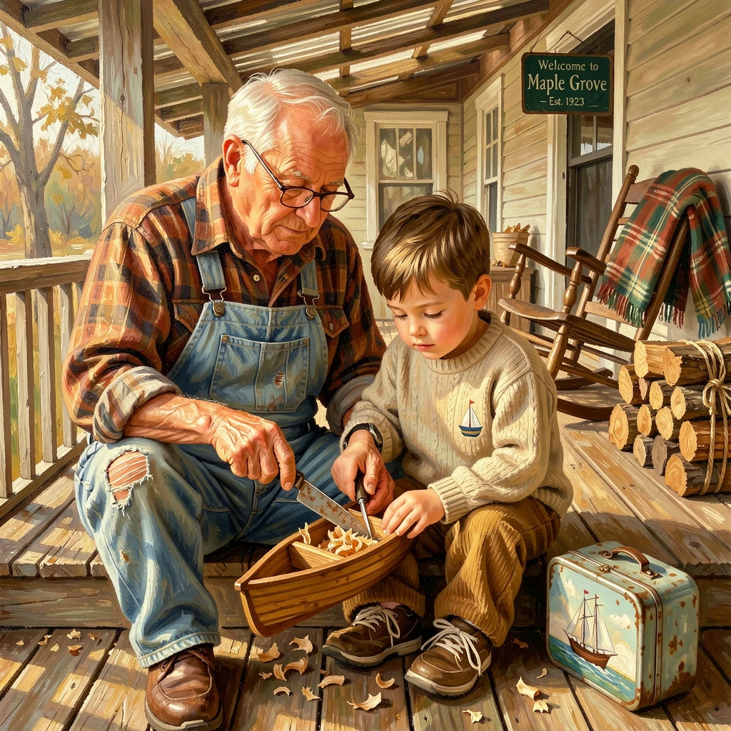 A grandfather teaches his grandson to whittle a small wooden boat on a porch, wood shavings scattered around their feet, small personal details in their clothing and surroundings hinting at their story.