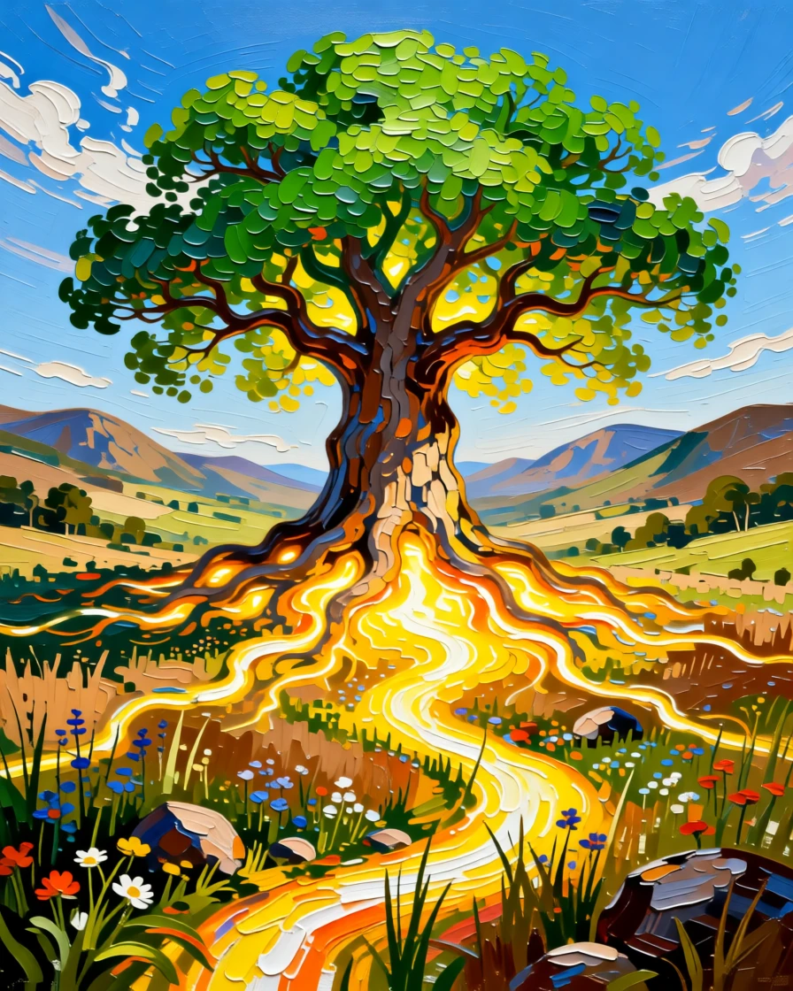 An enormous tree of life with glowing roots stretching across an entire valley