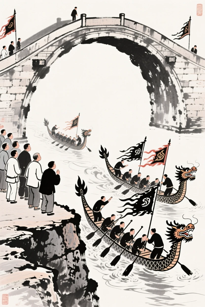 Spectators line a stone embankment to watch dragon boats race beneath a bridge, with flags fluttering from the boats' carved prows.