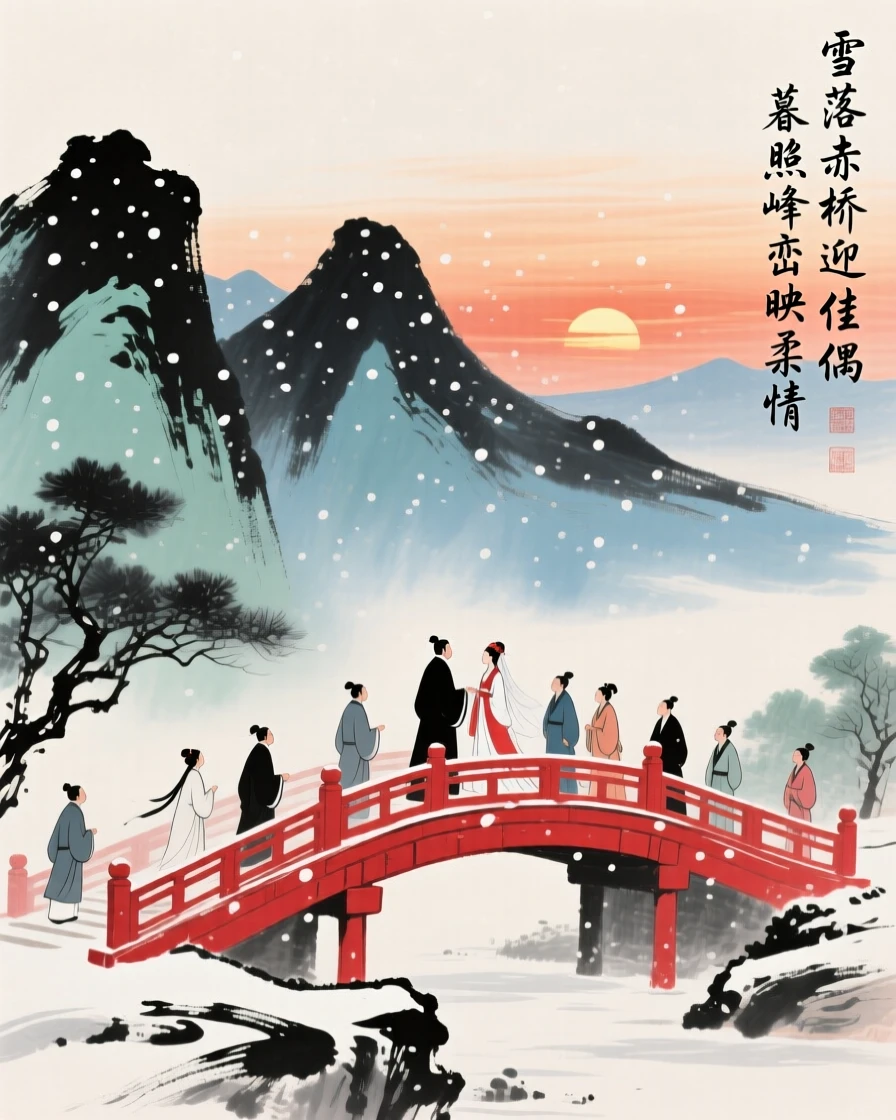 A wedding procession crossing a red lacquered bridge at sunset, beneath softly falling snow, as the sun sets behind distant peaks.