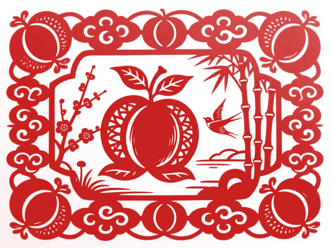 A repeating pattern of peaches and clouds forming a continuous border around a garden scene
