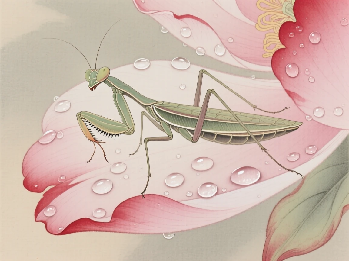A praying mantis resting on a dew-covered peony petal