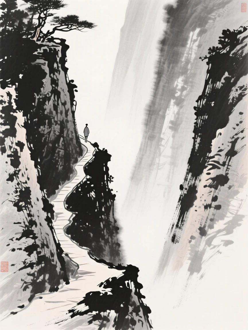 A steep gorge with a thin trail carved into its side as thin mist rolls slowly through the lower valley, captured from a narrow path winding into the depth of the scene, capturing a fleeting, serene moment suspended in time.