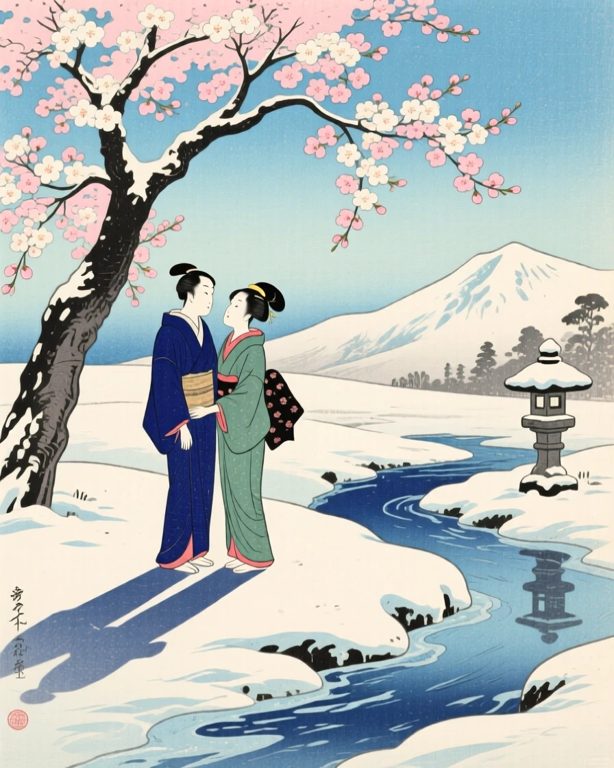 A couple exchanging a quiet glance beneath a blooming cherry tree, casting long shadows across untouched snow.