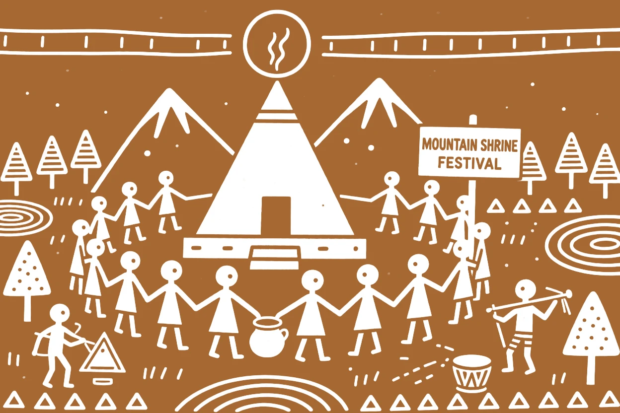 A composition centered on a mountain shrine gathered around by the entire village community.