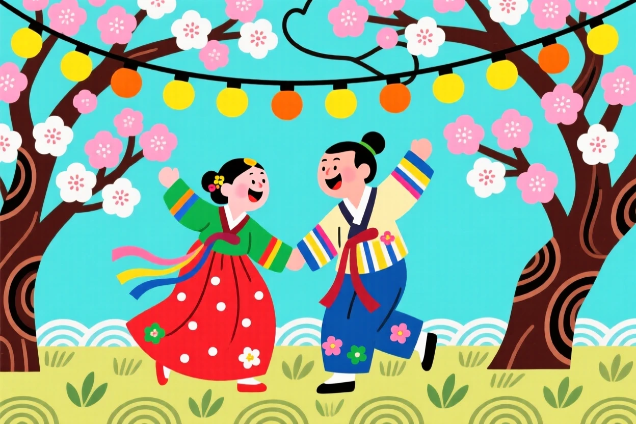 A couple dancing together beneath a canopy of string lights beneath a canopy of blossoming trees.