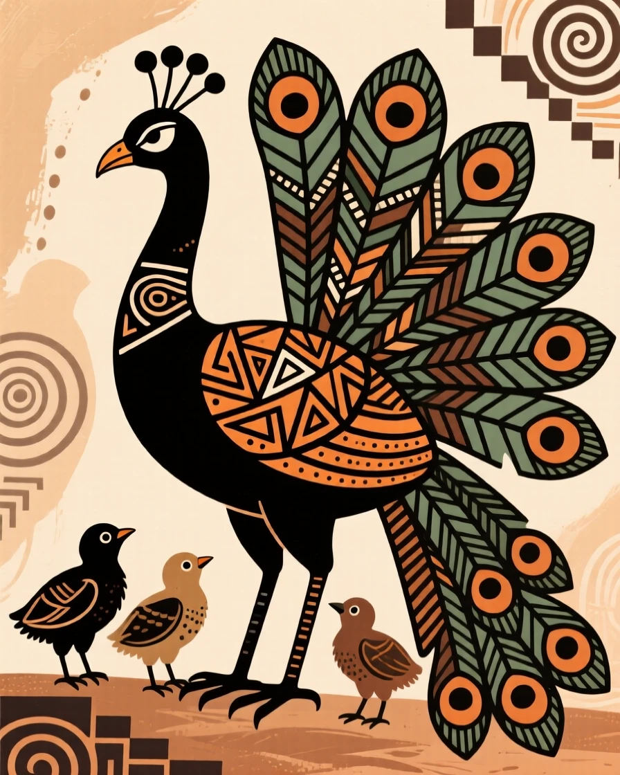 A peacock watching over its young.