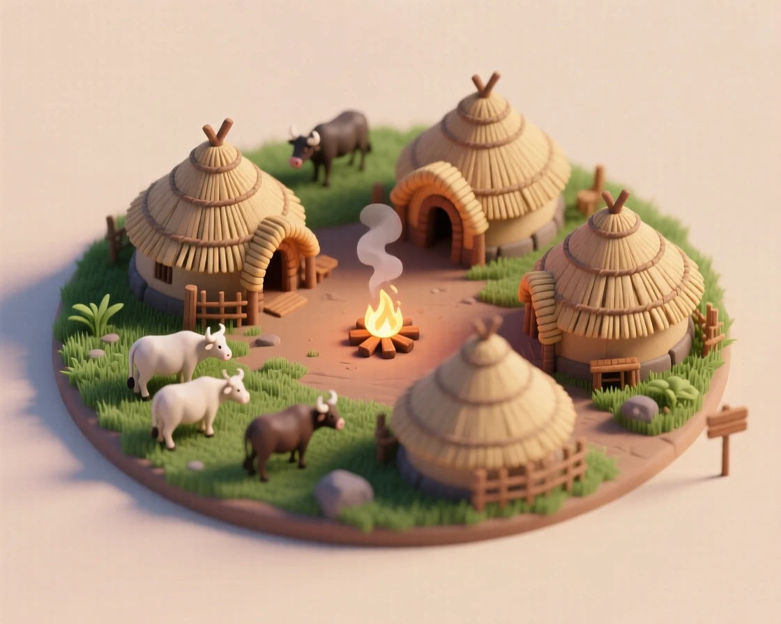An ancient Zulu village with beehive-shaped huts arranged in a circle, cattle grazing nearby, and a fire for evening gathering.