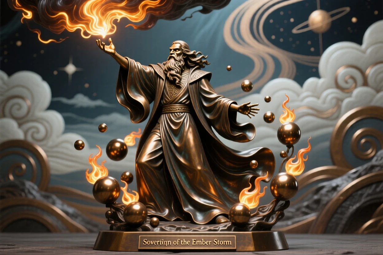 A wizard summoning a storm of glowing embers, set against a surreal, otherworldly sky, transporting the viewer to another world