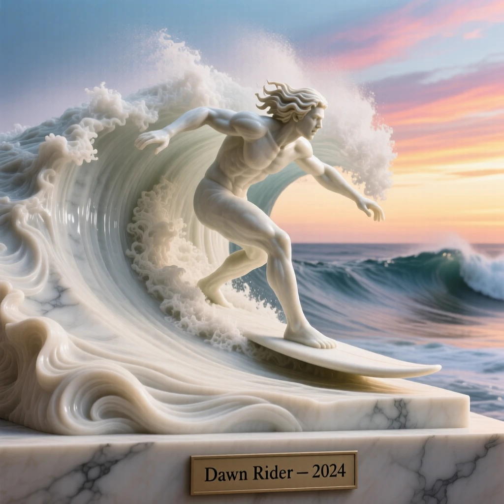 A vivid, emotionally rich scene of a surfer riding a towering wave at dawn, under a brilliant, colorful sky, designed to captivate and inspire