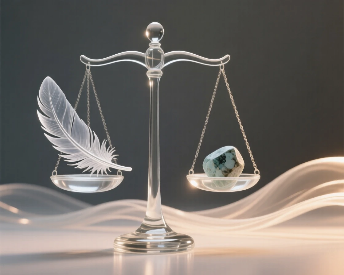 A set of scales balanced perfectly between a feather and a stone, as light radiates outward in gentle waves