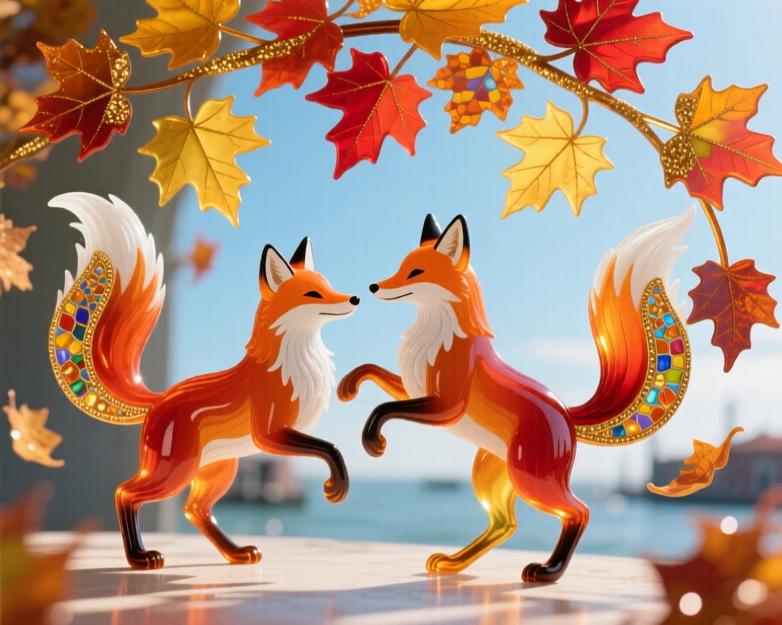 A pair of foxes playing together beneath a canopy of the most vivid falling autumn leaves at midday, playful and warm.