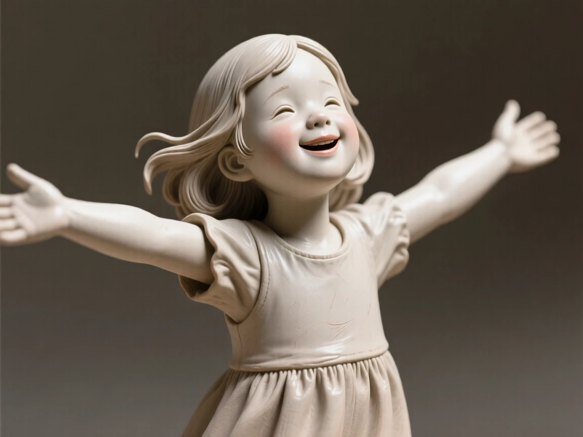 A young girl laughing with arms outstretched captured in a fleeting moment of pure emotion, with a serene, knowing half-smile, filling the scene with joy and gentle wonder.