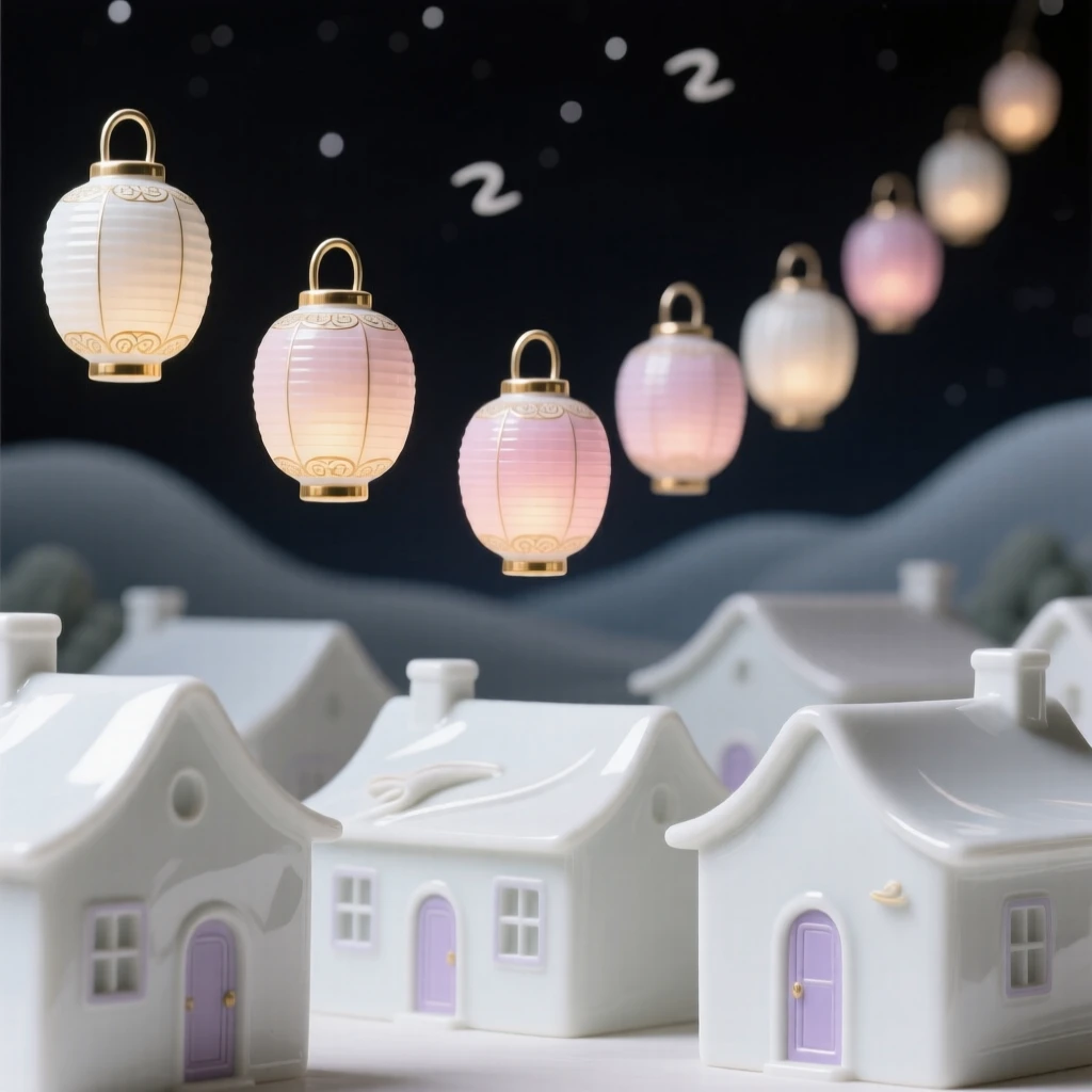 A surreal composition where lanterns hover in a loose procession above a sleeping town, rendered with quiet, elegant restraint.