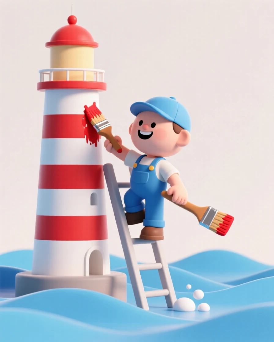 A cheerful lighthouse painter touches up the tower's red stripes on a ladder overlooking crashing waves.