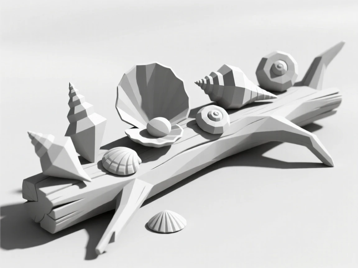 A collection of seashells arranged on driftwood, bathed in warm afternoon light. muted tones give the scene a timeless quality. It evokes a feeling of gentle nostalgia.