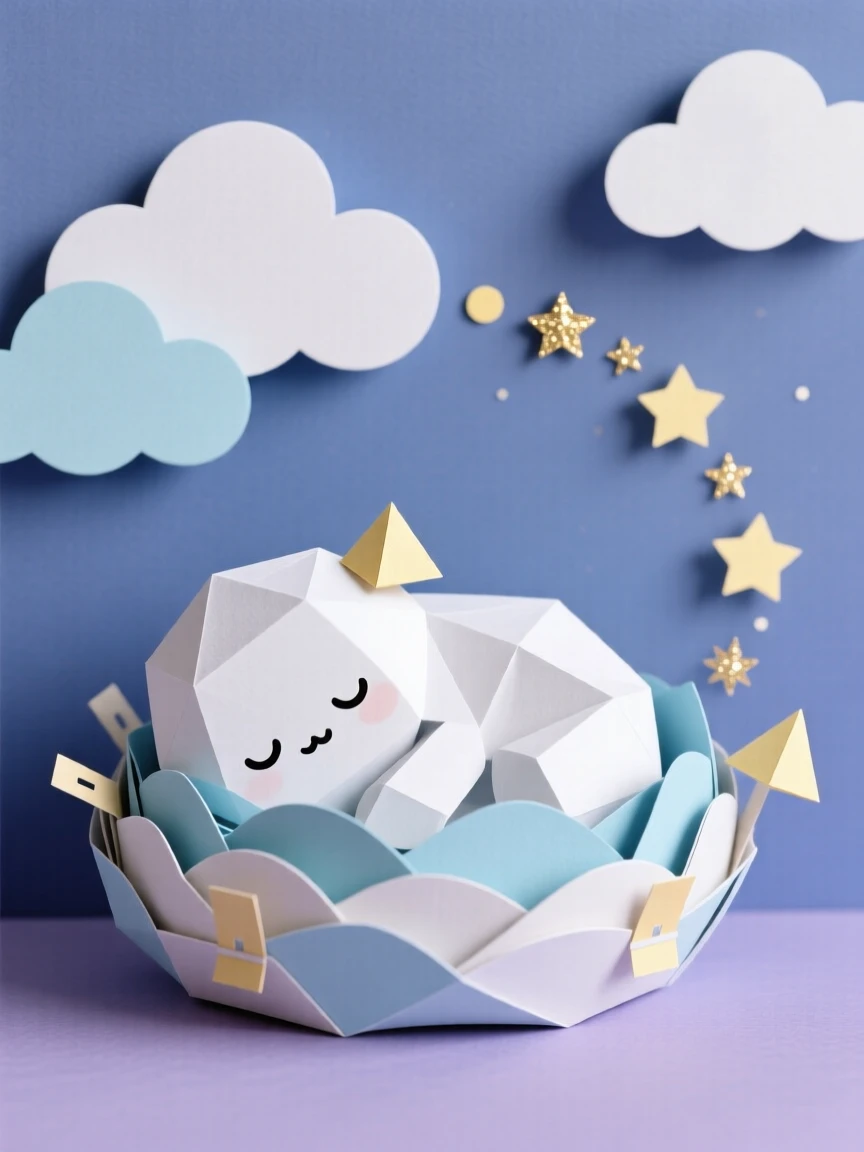 A sleepy cloud creature curled up in a nest made of soft clouds, with tiny sparkles trailing behind it, evoking cozy storybook charm.