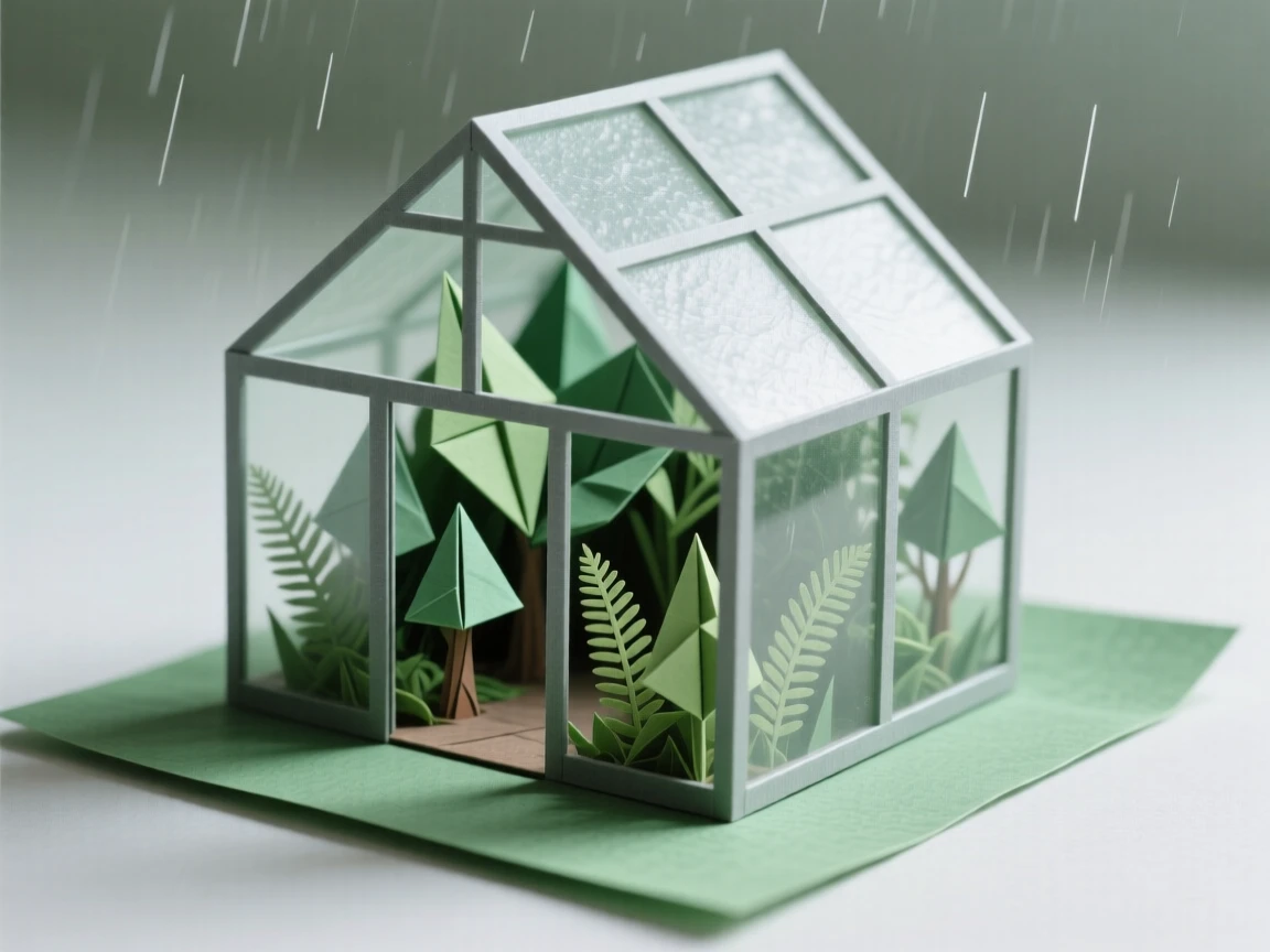A pocket-sized greenhouse containing a miniature rainforest under glass.
