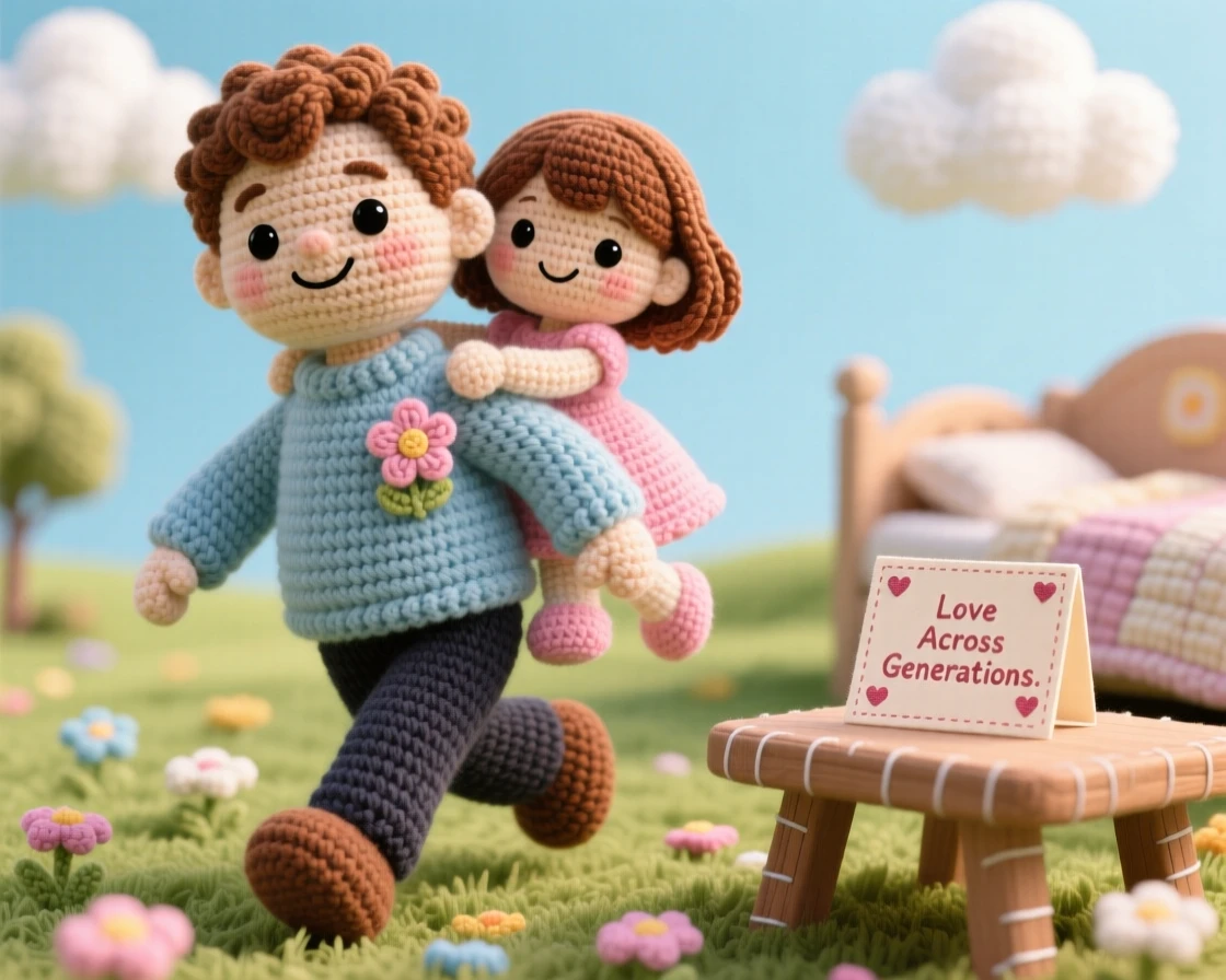 a father giving his daughter a piggyback ride, laughing together in a sunny park, galloping playfully across the grass, in a softly lit nursery at bedtime, with a handmade card resting on the table, radiating quiet tenderness between generations.